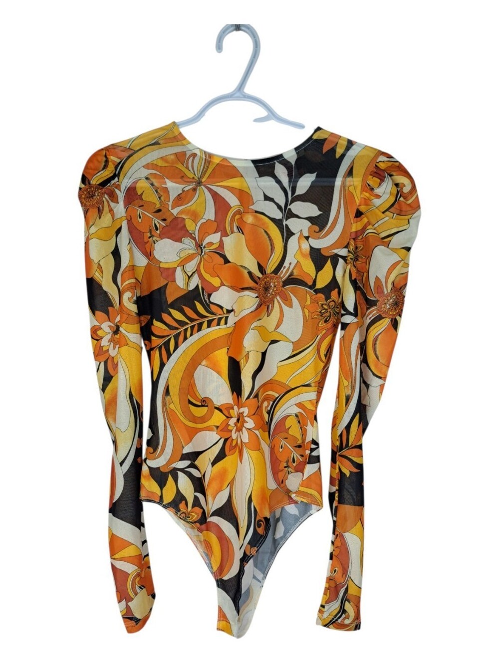 FLYING TOMATO Retro 70s Psychedelic Floral Mesh Bodysuit - Medium